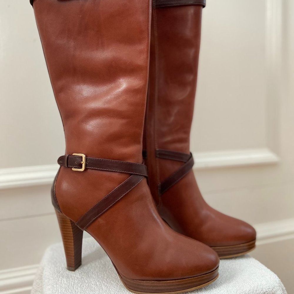 Cole Haan Poppy Bit Boot Sequoia / Chestnut Leather Knee High Heel Boots 6.5